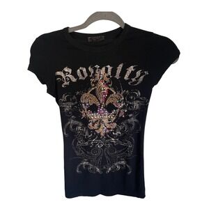 Royalties Black Rhinestone Fleur De Lis Graphic Tee Y2K Crew Neck Slim Fit Shirt